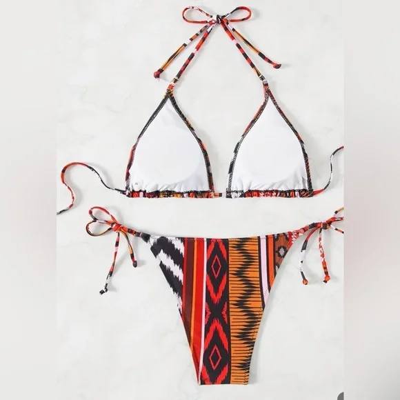 Boho Ethnic Print Triangle Halter Side Tie Bikini Set - Picture 8 of 12